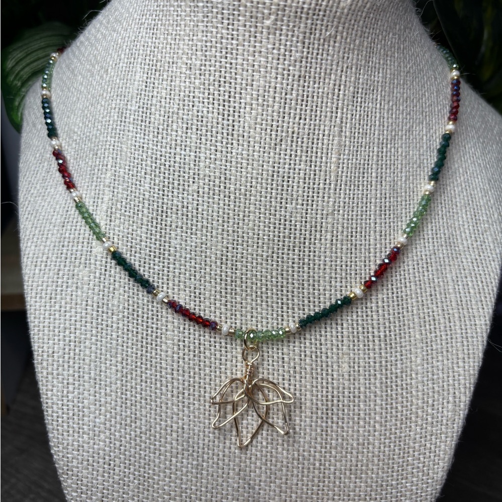 Colorful Beaded Necklace with Gold Leaf Pendant